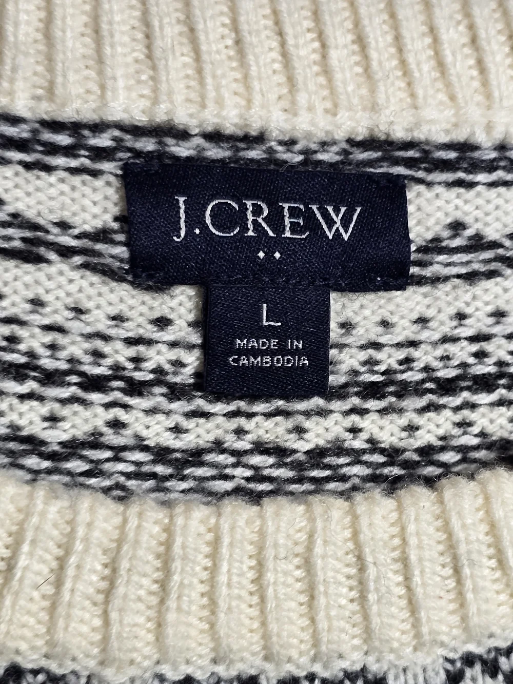 J. Crew Factory Lambswool Blend Cream & Black Fair Isle Crewneck Sweater, Sz L